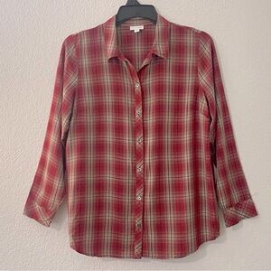 J. Jill Button Front Shirt, Plaid, Tan & Red, Long Sleeves. Women’s Size Medium